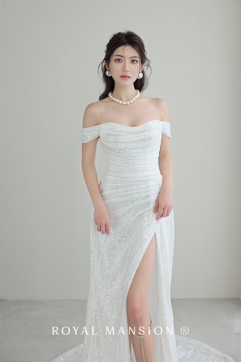 一字領亮片魚尾白紗 -台北禮服租借 ROYAL MANSION 蘿亞結婚精品