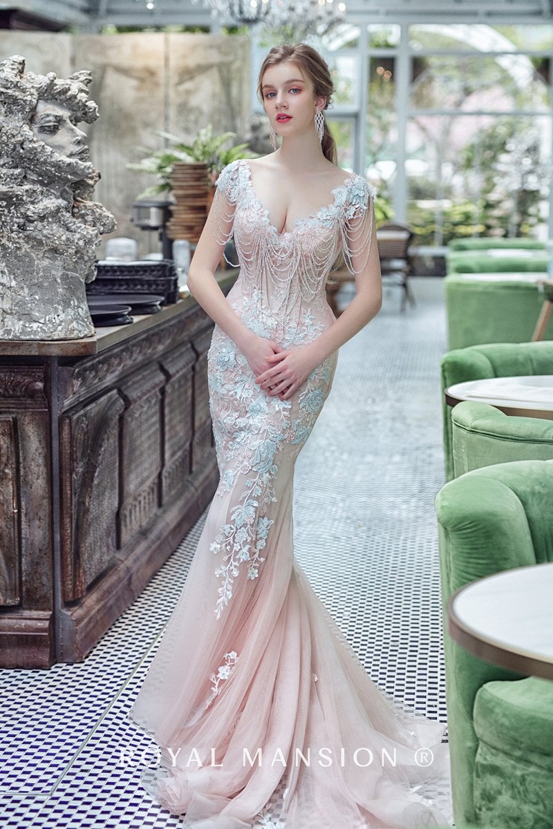 深V粉色蕾絲花朵裸紗 -台北禮服租借 ROYAL MANSION 蘿亞結婚精品
