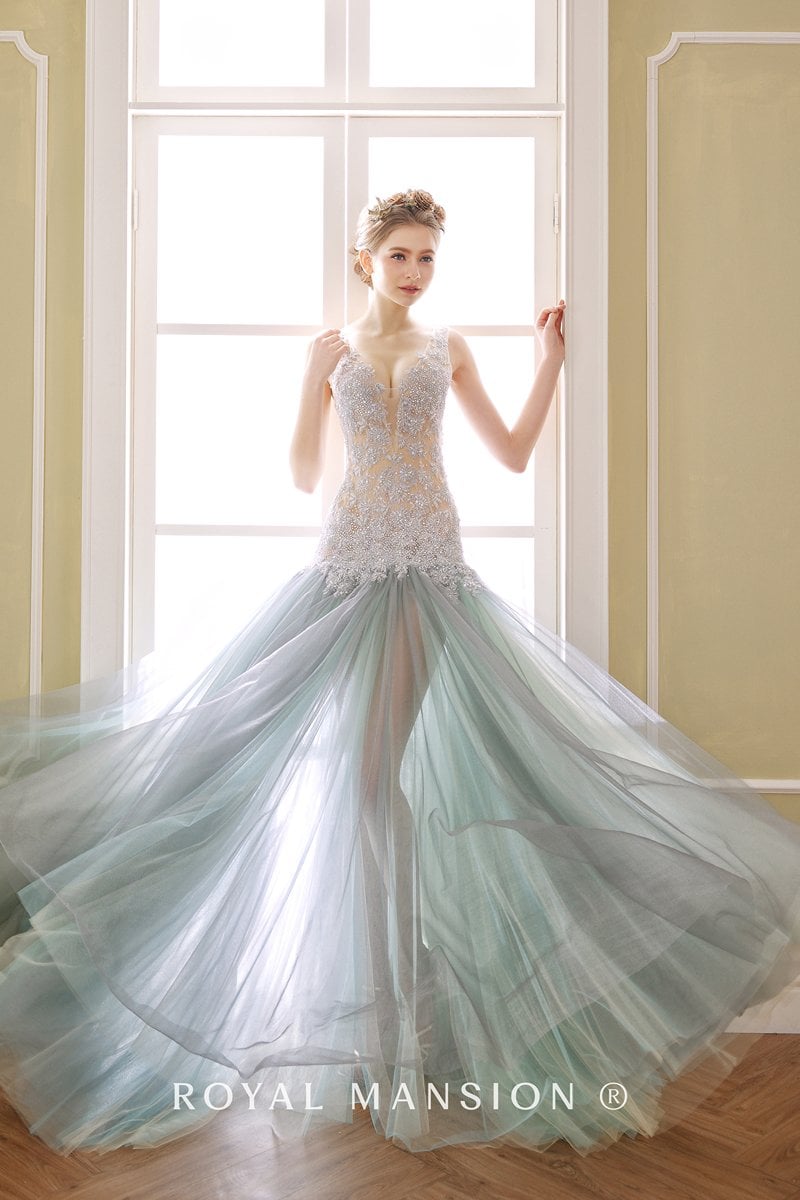 精緻灰藍A-line裸紗 -台北禮服租借 ROYAL MANSION 蘿亞結婚精品