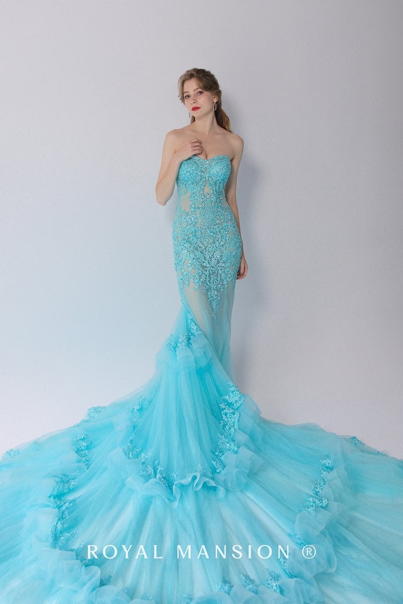 土耳其藍桃心領魚尾裸紗 -台北禮服租借 ROYAL MANSION 蘿亞結婚精品