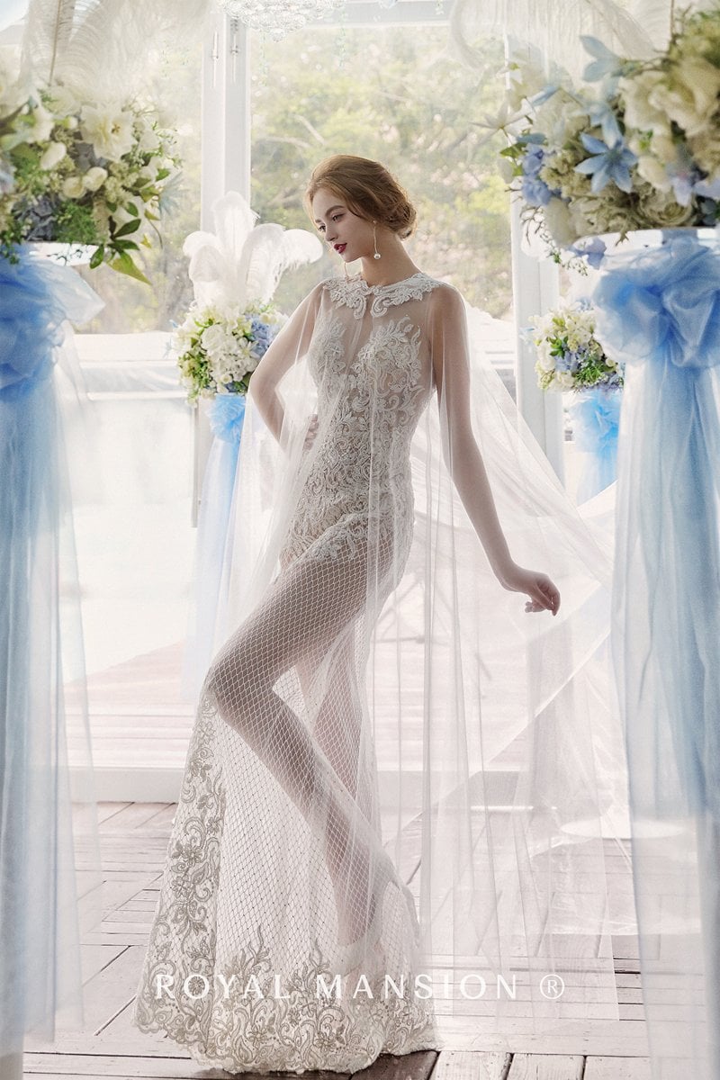 水晶珠飾蕾絲格紋裸紗 -台北禮服租借 ROYAL MANSION 蘿亞結婚精品