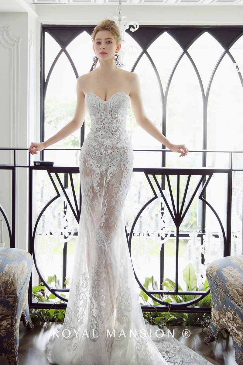 法式裸紗蕾絲魚尾白紗-台北禮服租借 ROYAL MANSION 蘿亞結婚精品