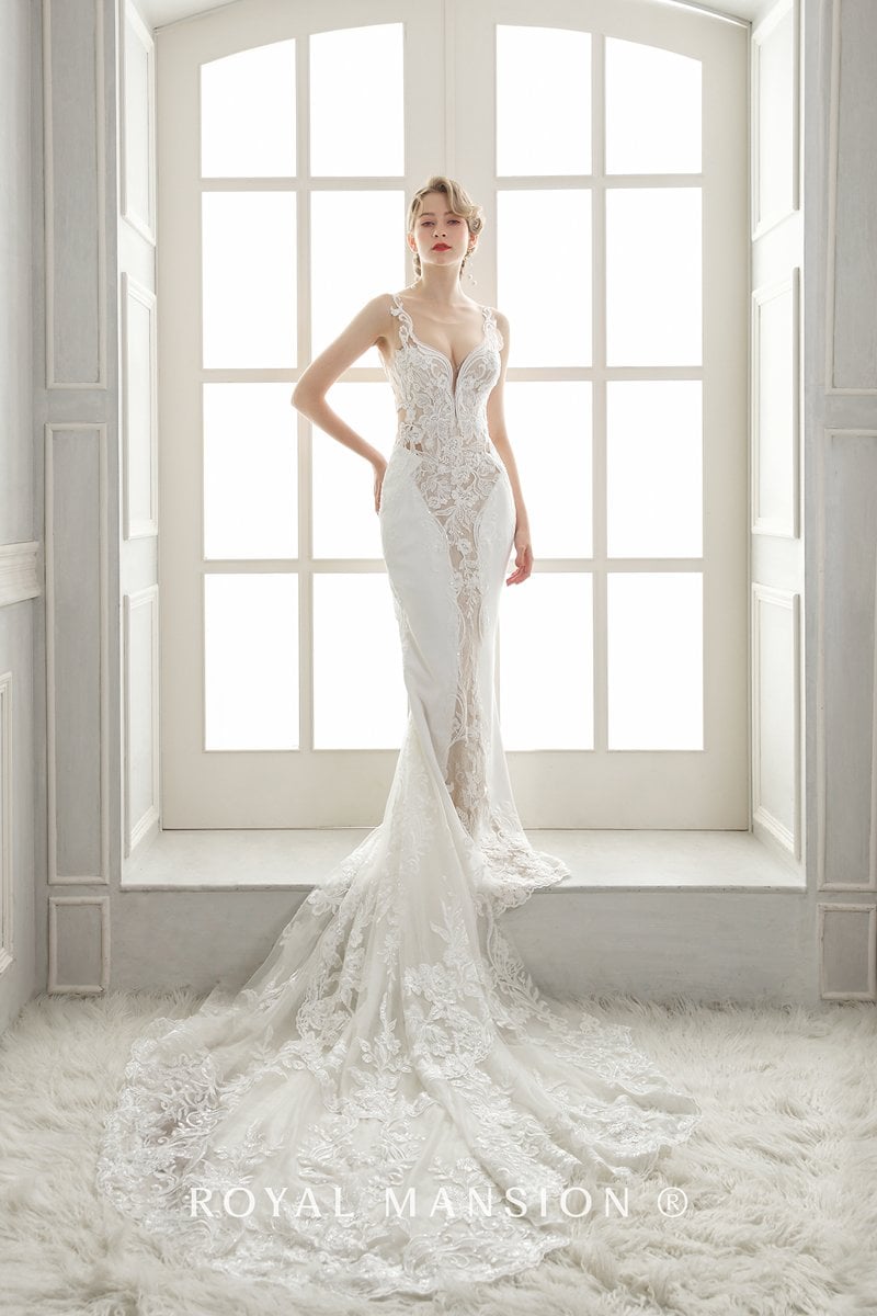 異素材拼接大魚尾裸膚白紗-台北禮服租借 ROYAL MANSION 蘿亞結婚精品