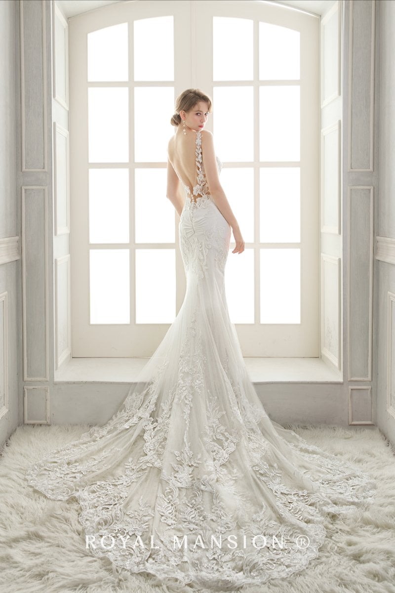 異素材拼接大魚尾裸膚白紗-台北禮服租借 ROYAL MANSION 蘿亞結婚精品