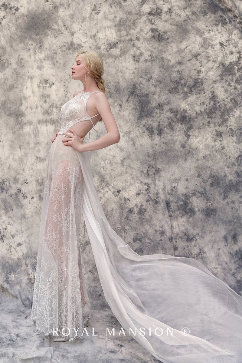 深V粉色蕾絲花朵裸紗 -台北禮服租借 ROYAL MANSION 蘿亞結婚精品